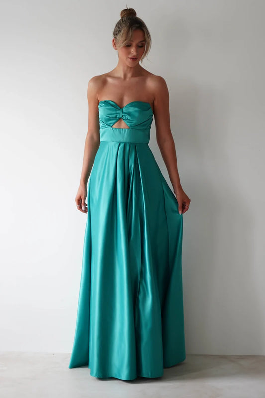 Loverlm teal A-line prom dress with strapless sweetheart neckline, twisted bust, triangular front cutout and flowing floor-length skirt front view