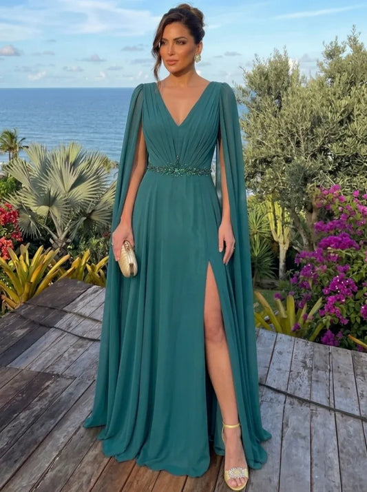 Loverlm teal V-neck cape sleeve beaded waist floor length evening dress front