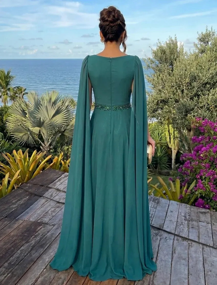 Elegant A-Line V-Neck Cape-Sleeve Beaded Waist Zipper-Back Floor-Length Evening Dress