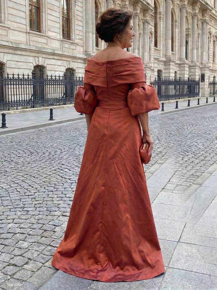 Elegant A-Line Off-Shoulder Puff-Sleeve Satin Floor-Length Mother of the Bride Dress