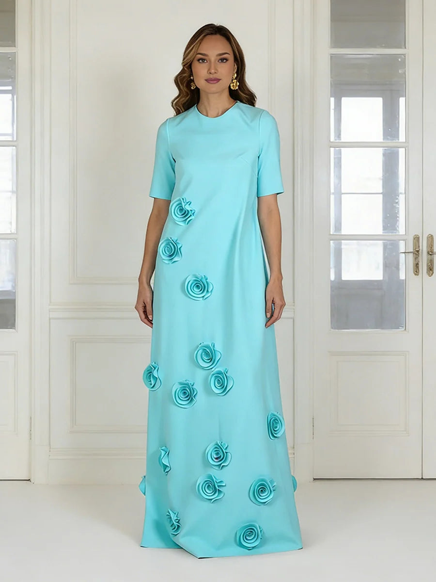 Turquoise blue A-line evening dress with round neckline, short sleeves, cascading 3D rose appliques and relaxed floor-length skirt by Loverlm