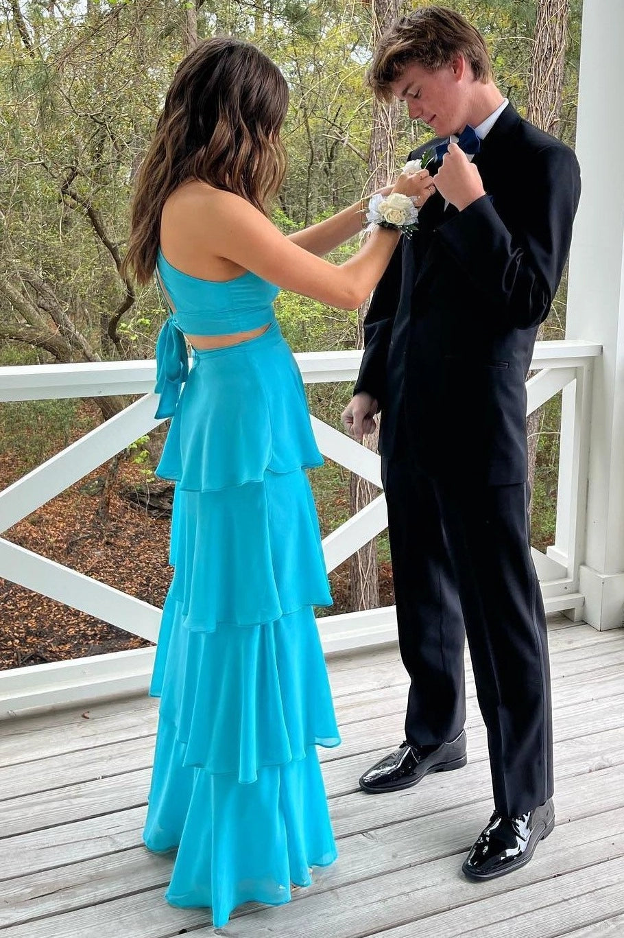 Loverlm Turquoise Chiffon A-Line V-Neck Spaghetti-Strap Tie-Back Floor-Length Prom Dress