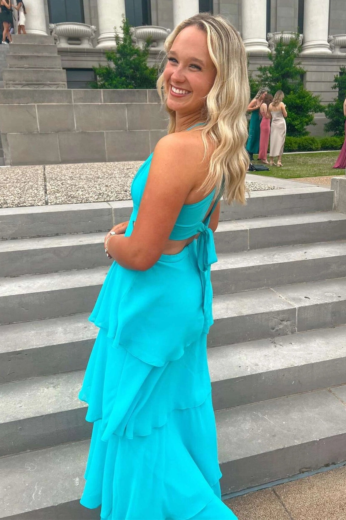 Loverlm Turquoise Chiffon A-Line V-Neck Spaghetti-Strap Tie-Back Floor-Length Prom Dress