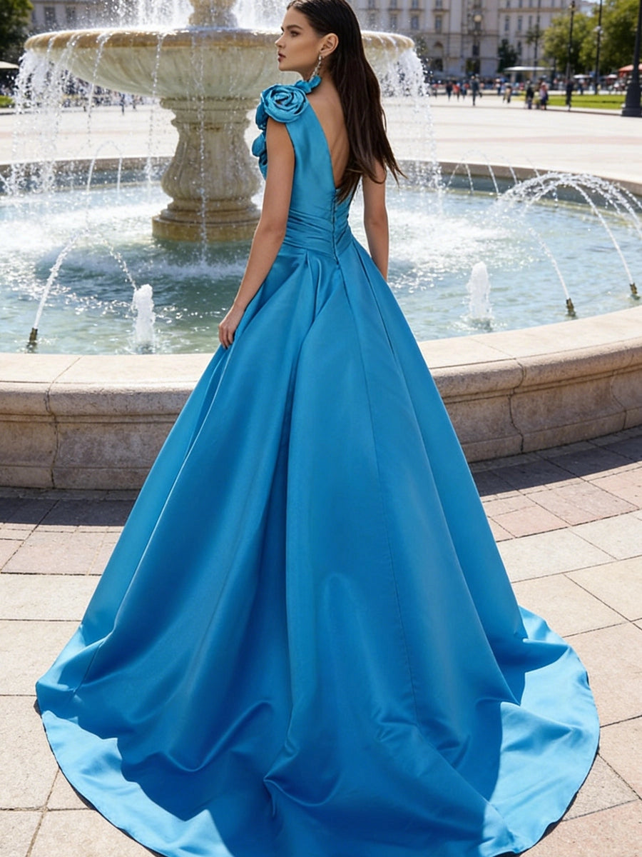 Glamorous A-Line One Shoulder Sleeveless Open Back Train Prom Dress