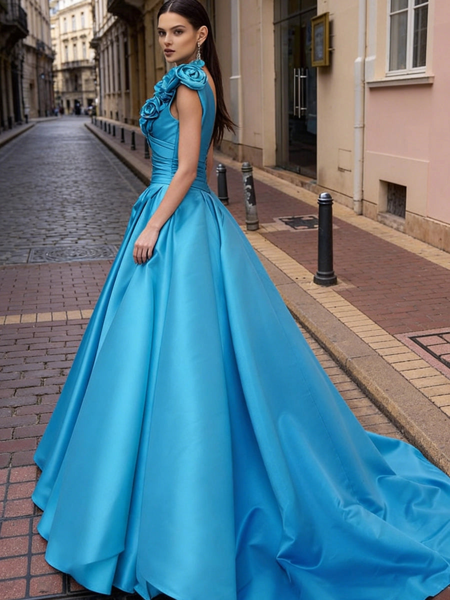 Glamorous A-Line One Shoulder Sleeveless Open Back Train Prom Dress
