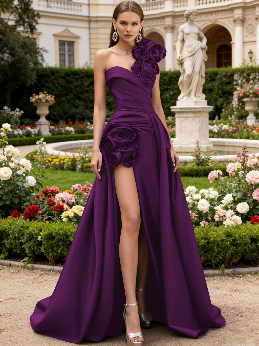 Glamorous A-Line One Shoulder Sleeveless Open Back Train Prom Dress