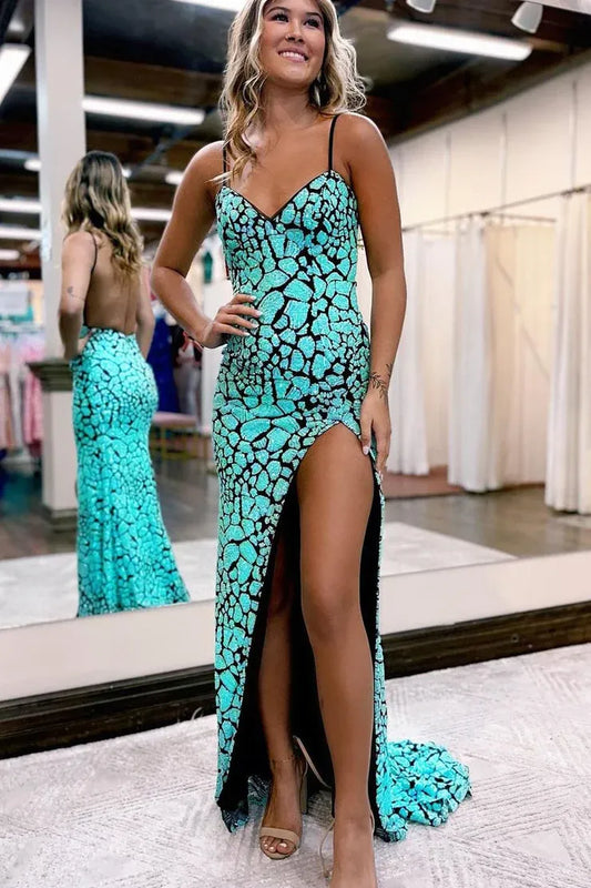 Loverlm turquoise mermaid prom dress with sweetheart neckline black sequin pattern high slit and floor-length train
