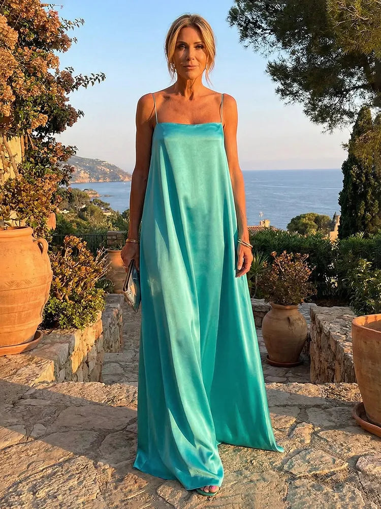 Loverlm turquoise wedding guest dress with square neckline spaghetti straps satin finish and relaxed floor-length silhouette