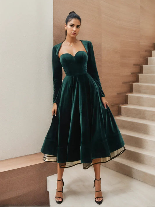 Loverlm emerald green velvet sweetheart A-line midi cocktail dress