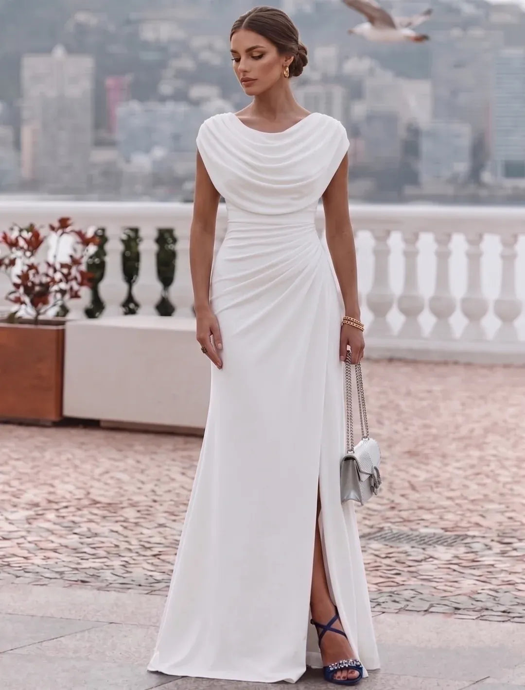 Loverlm white draped neck sleeveless slit floor length evening dress front view