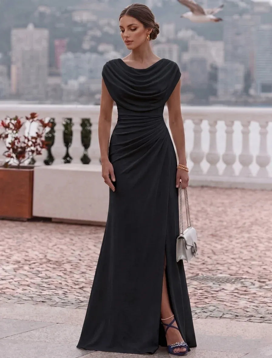 Elegant Sheath Draped Neck Sleeveless Cowl Back Floor-Length Evening Dress
