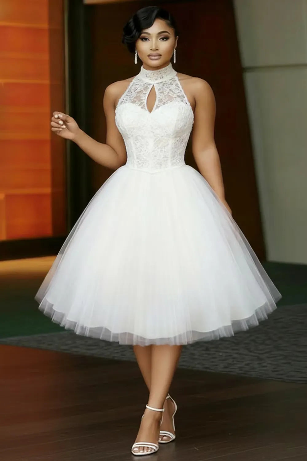 Loverlm white halter cocktail dress with lace keyhole bodice and full tea-length tulle A-line skirt
