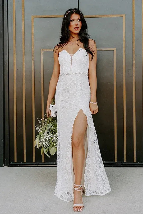 Loverlm white lace mermaid wedding dress with sweetheart neckline, illusion plunge, beaded waist and high slit front view