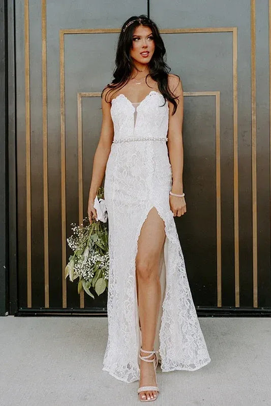 Loverlm white lace mermaid wedding dress with sweetheart neckline, illusion plunge, beaded waist and high slit front view