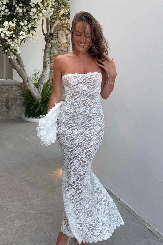Loverlm Chic Lace Sheath Strapless Sweetheart Scalloped Tea Length Party Dress