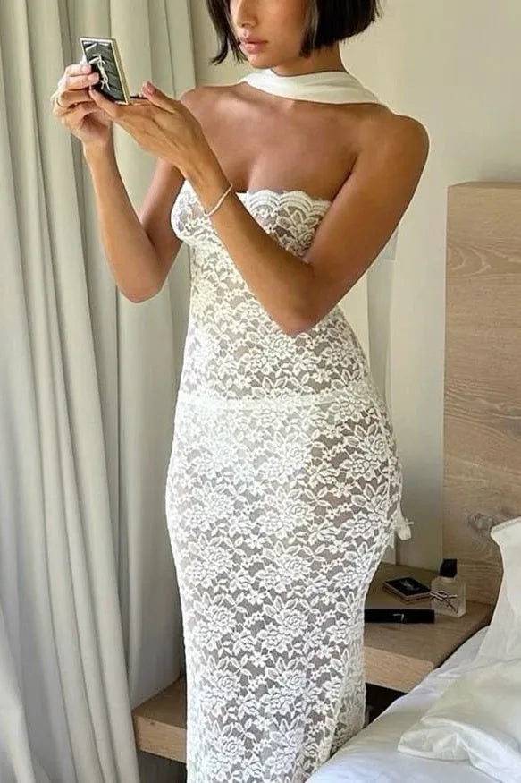 Loverlm Chic Lace Sheath Strapless Sweetheart Scalloped Tea Length Party Dress