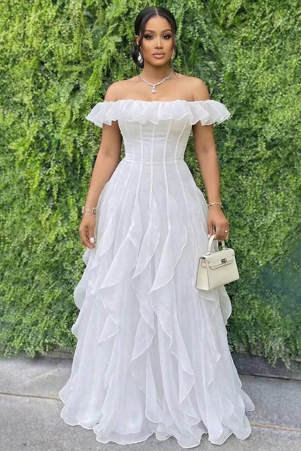 Loverlm white off-shoulder prom dress with ruffle neckline structured bodice and cascading floor-length A-line skirt