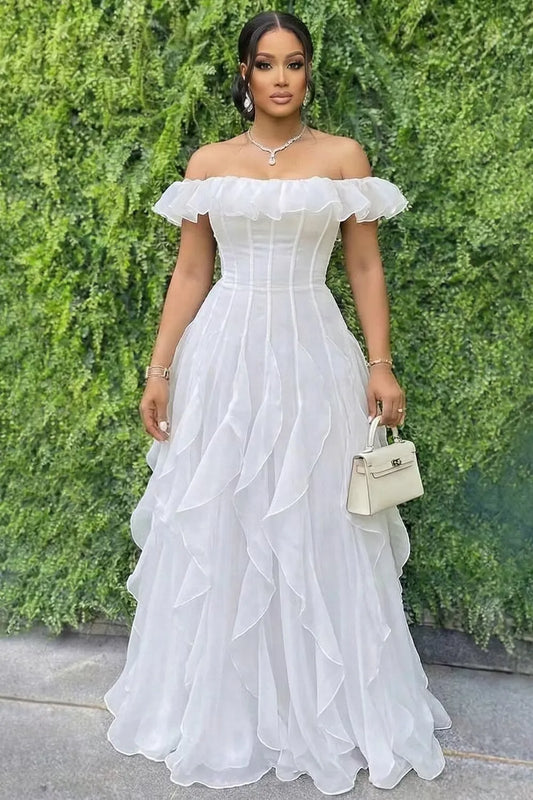 Loverlm white off-shoulder prom dress with ruffle neckline structured bodice and cascading floor-length A-line skirt