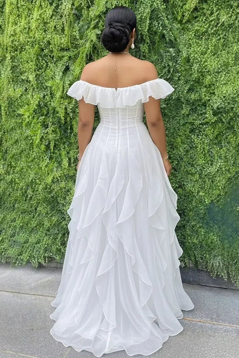 Romantic A-Line Off-Shoulder Ruffle Closed-Back Floor-Length Prom Dress