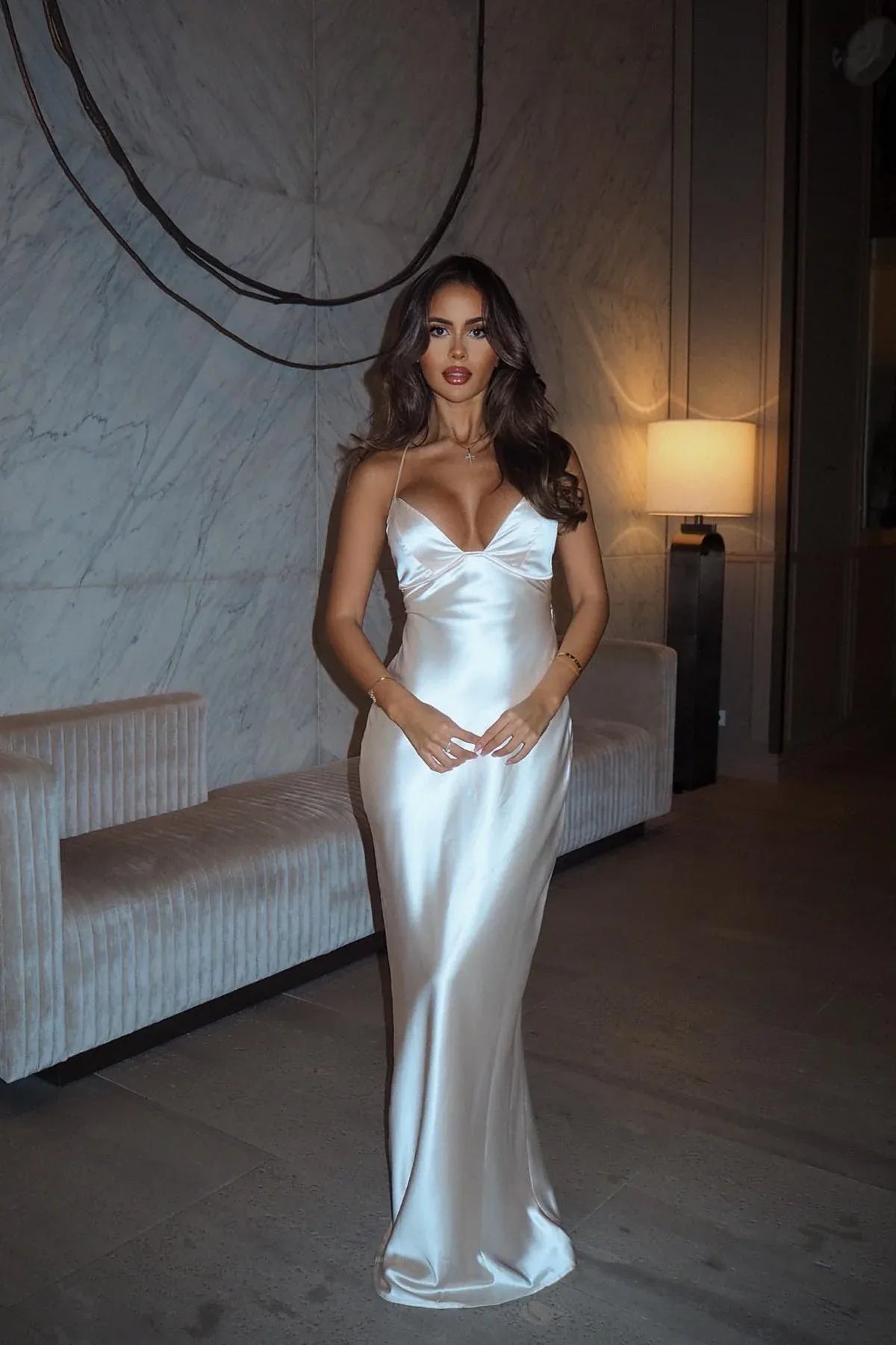 Minimalist Satin Sheath V Neck Sleeveless Backless Floor Length Prom Dress