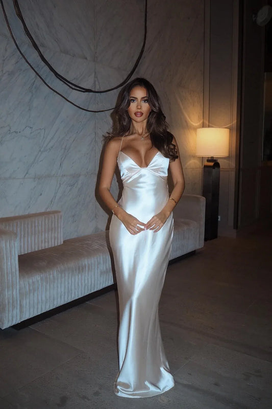 Minimalist Satin Sheath V Neck Sleeveless Backless Floor Length Prom Dress