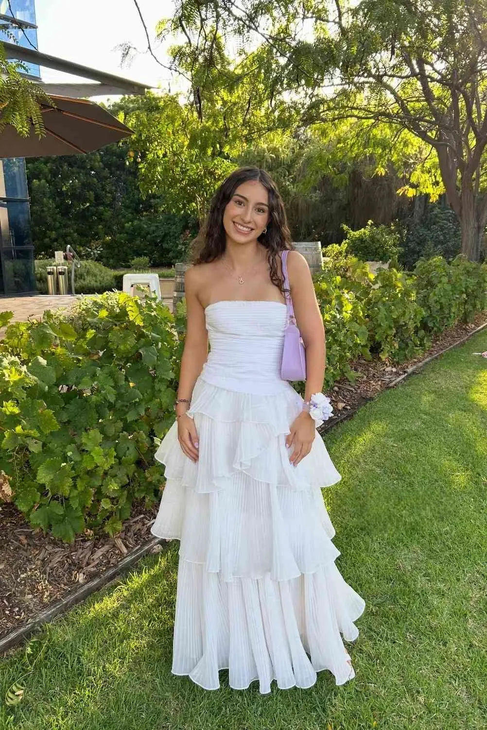Loverlm white strapless prom dress with ruched bodice pleated tiered ruffles and flowing floor-length A-line skirt