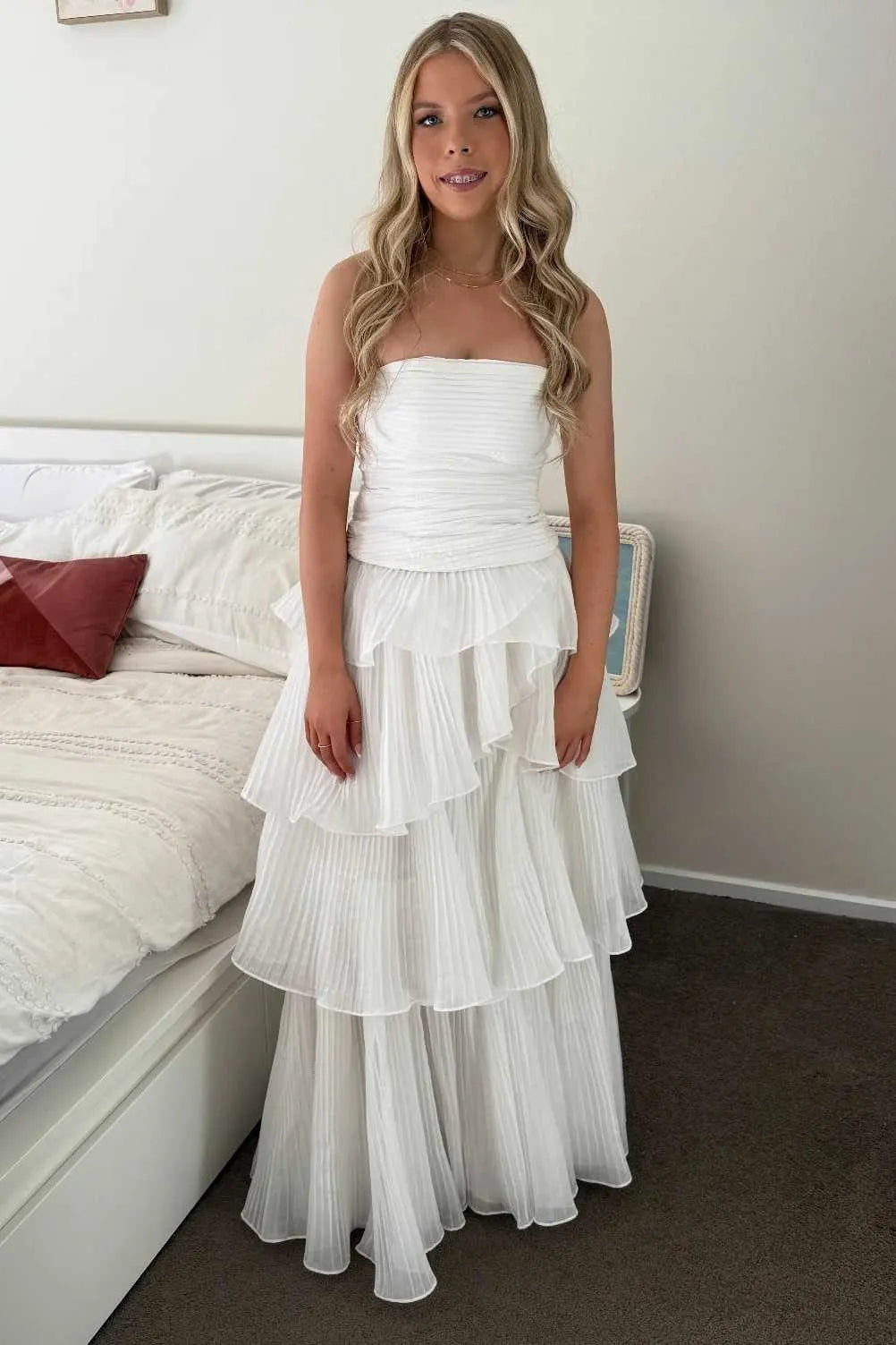 Romantic A-Line Straight Strapless Tiered Ruffle Floor-Length Prom Dress