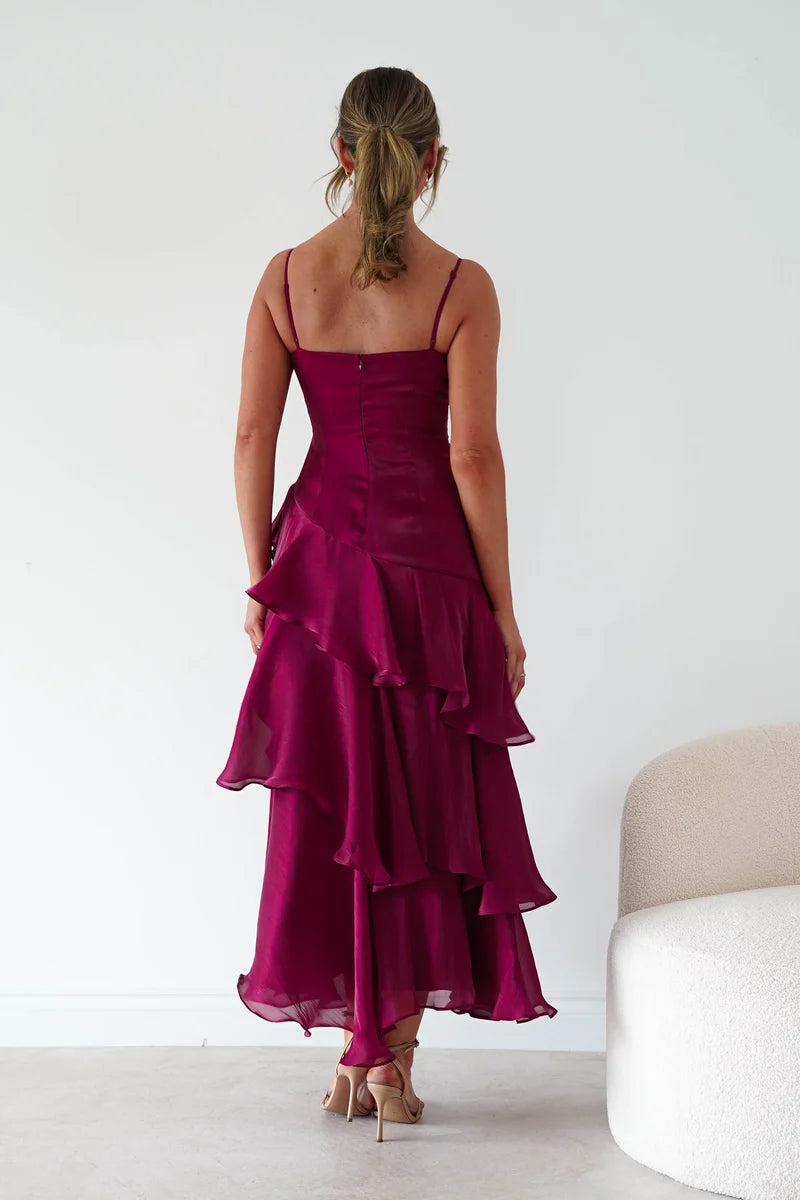 Elegant A-Line Straight-Neck Spaghetti-Strap Zipper-Back Ruffled Maxi Wedding Guest Dress