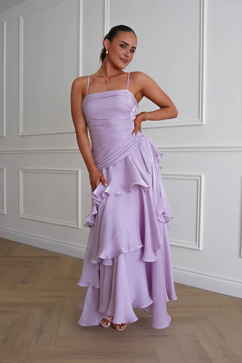 Elegant A-Line Straight-Neck Spaghetti-Strap Zipper-Back Ruffled Maxi Wedding Guest Dress
