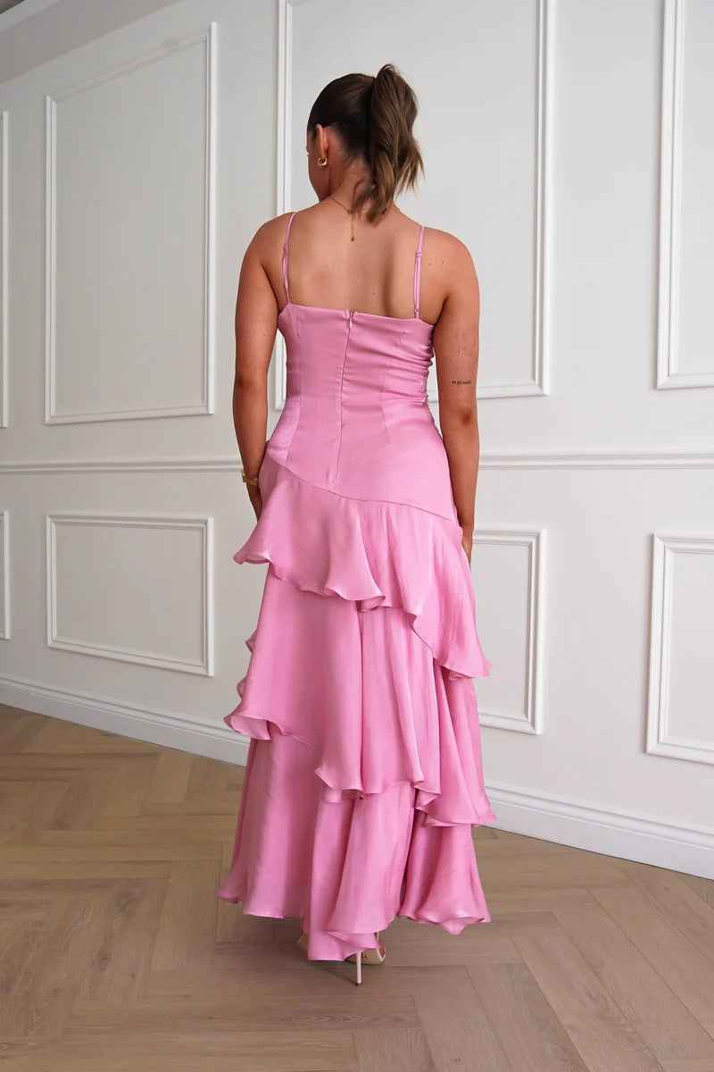 Elegant A-Line Straight-Neck Spaghetti-Strap Zipper-Back Ruffled Maxi Wedding Guest Dress
