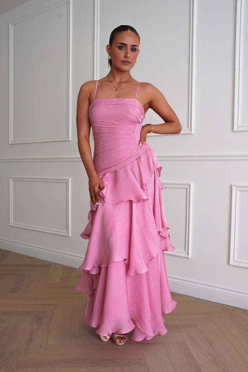 Elegant A-Line Straight-Neck Spaghetti-Strap Zipper-Back Ruffled Maxi Wedding Guest Dress