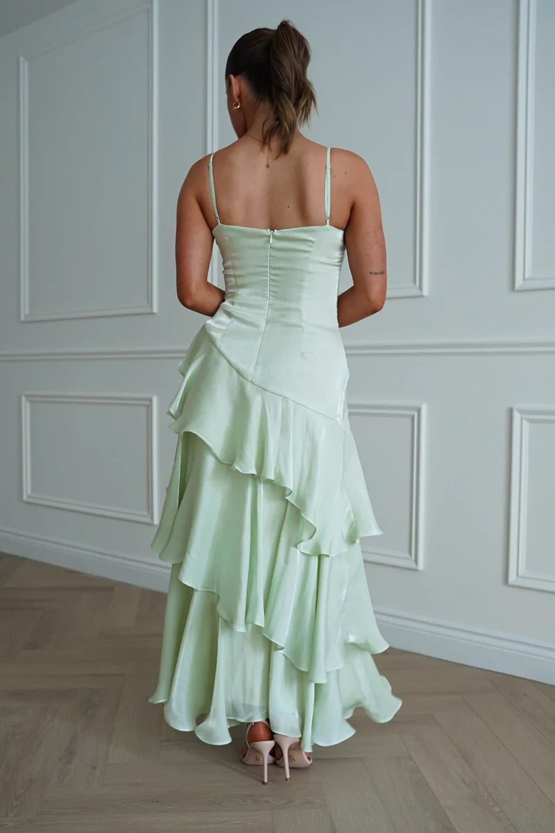 Elegant A-Line Straight-Neck Spaghetti-Strap Zipper-Back Ruffled Maxi Wedding Guest Dress