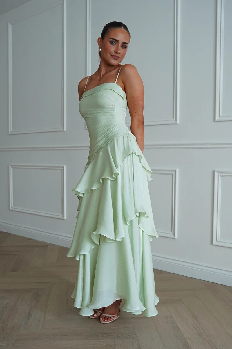 Elegant A-Line Straight-Neck Spaghetti-Strap Zipper-Back Ruffled Maxi Wedding Guest Dress