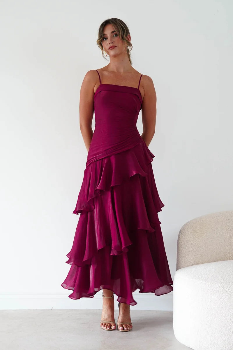 Elegant A-Line Straight-Neck Spaghetti-Strap Zipper-Back Ruffled Maxi Wedding Guest Dress
