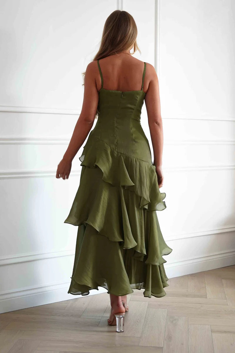 Elegant A-Line Straight-Neck Spaghetti-Strap Zipper-Back Ruffled Maxi Wedding Guest Dress