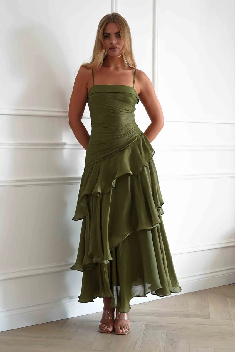 Elegant A-Line Straight-Neck Spaghetti-Strap Zipper-Back Ruffled Maxi Wedding Guest Dress