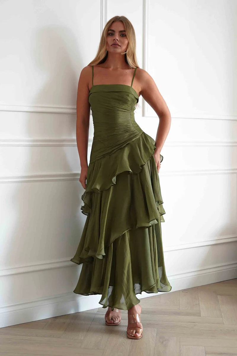 Elegant A-Line Straight-Neck Spaghetti-Strap Zipper-Back Ruffled Maxi Wedding Guest Dress