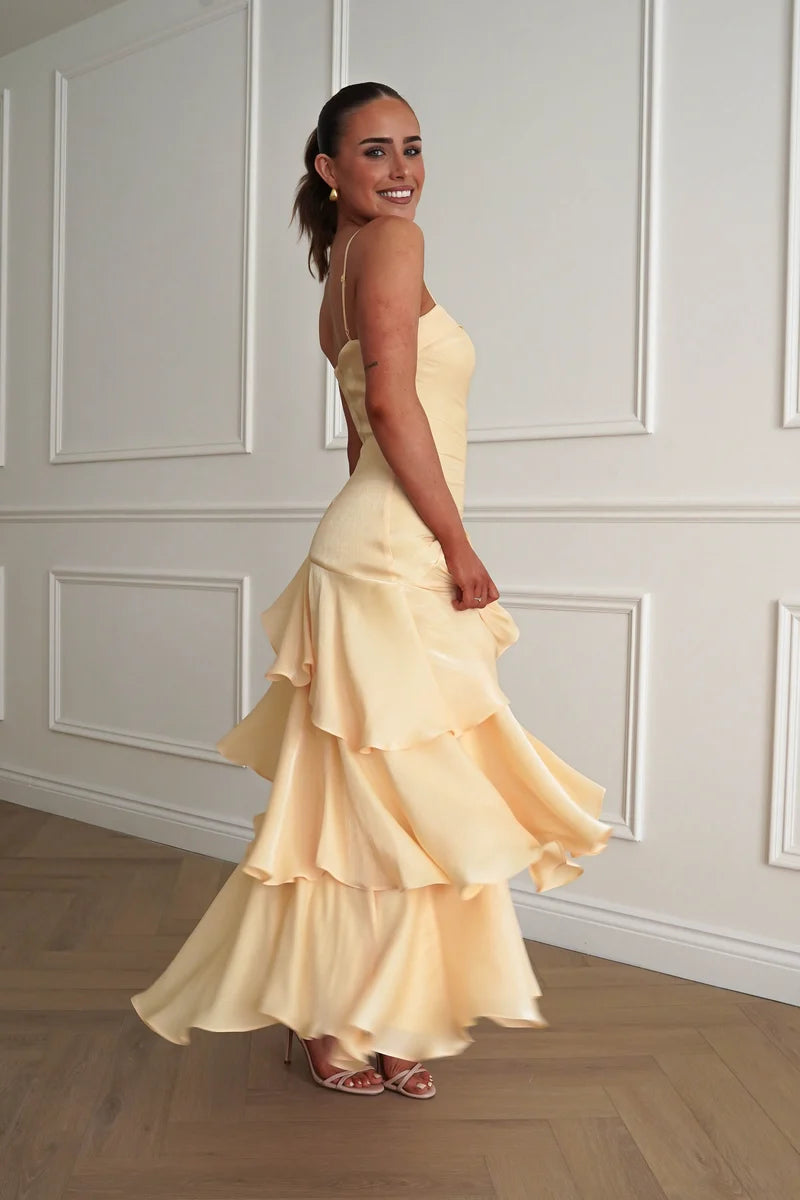 Elegant A-Line Straight-Neck Spaghetti-Strap Zipper-Back Ruffled Maxi Wedding Guest Dress