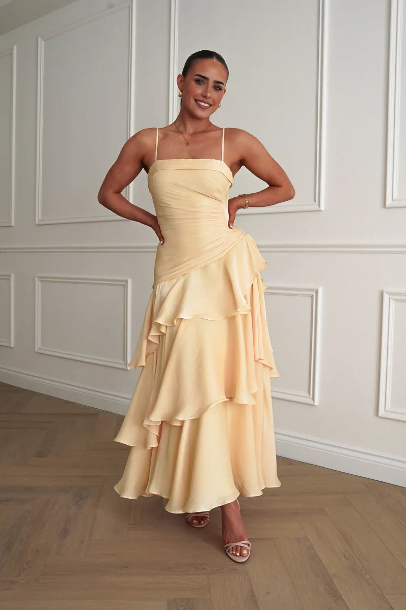 Elegant A-Line Straight-Neck Spaghetti-Strap Zipper-Back Ruffled Maxi Wedding Guest Dress