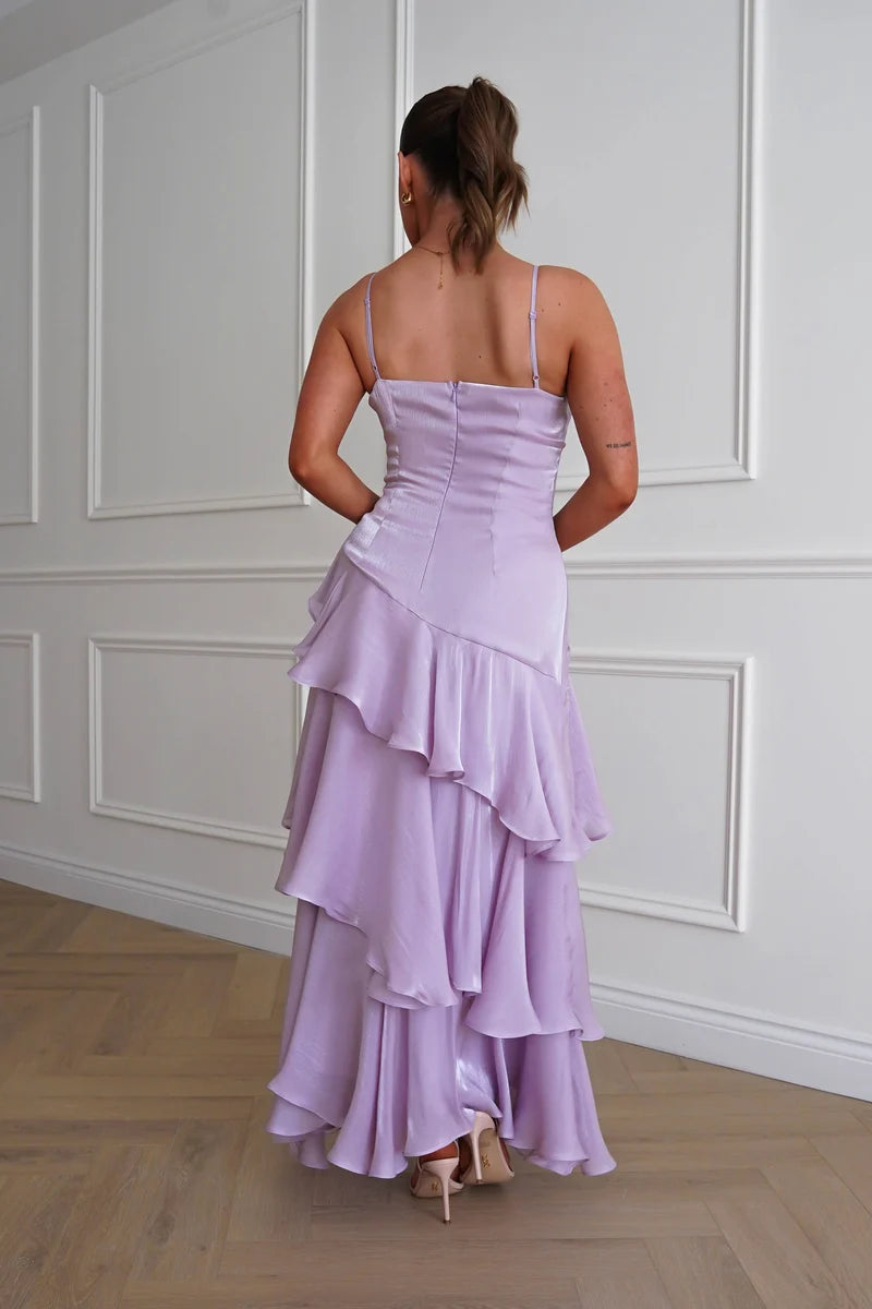 Elegant A-Line Straight-Neck Spaghetti-Strap Zipper-Back Ruffled Maxi Wedding Guest Dress