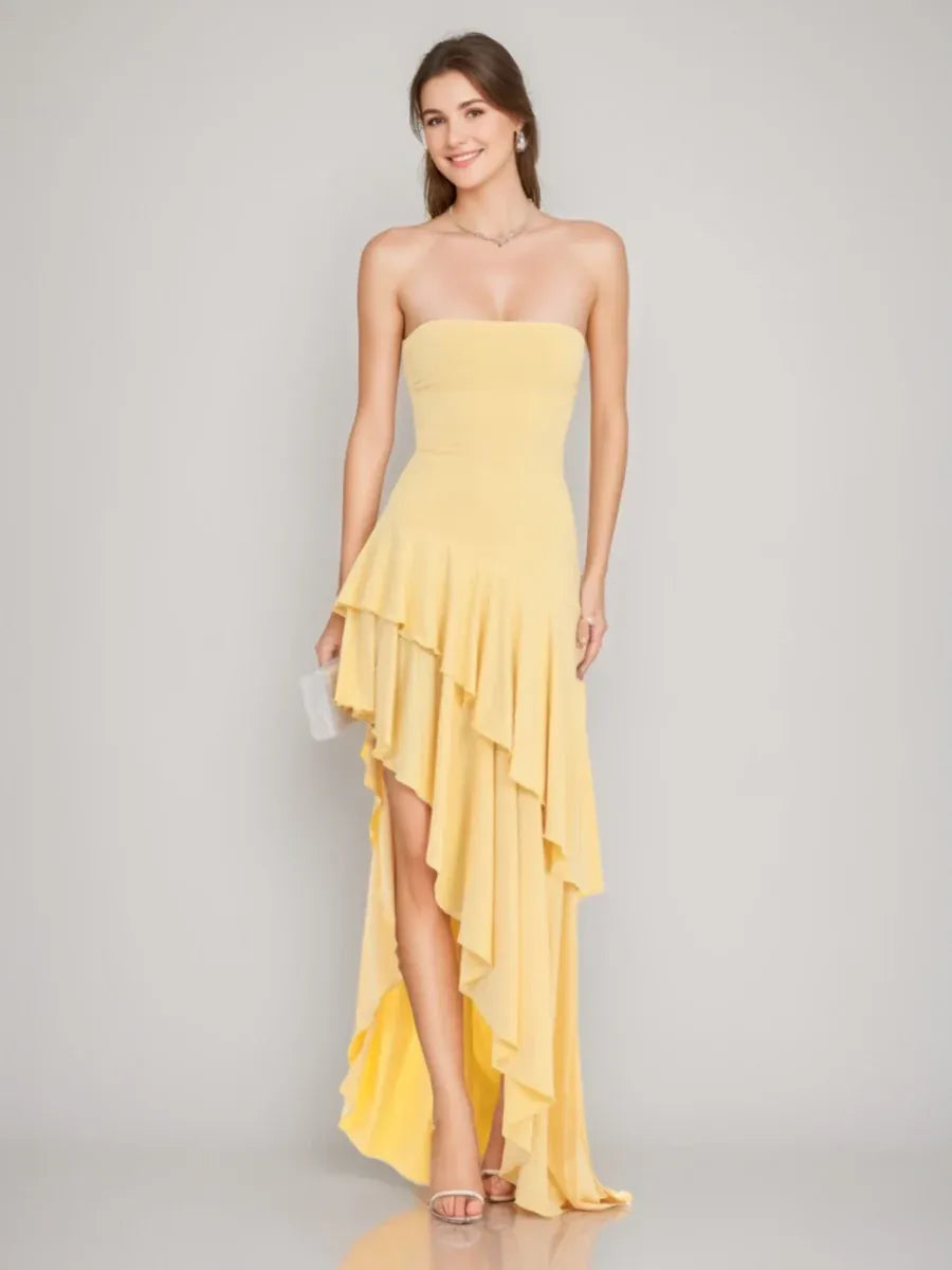 Loverlm yellow straight neck sleeveless high low A-line prom dress front view