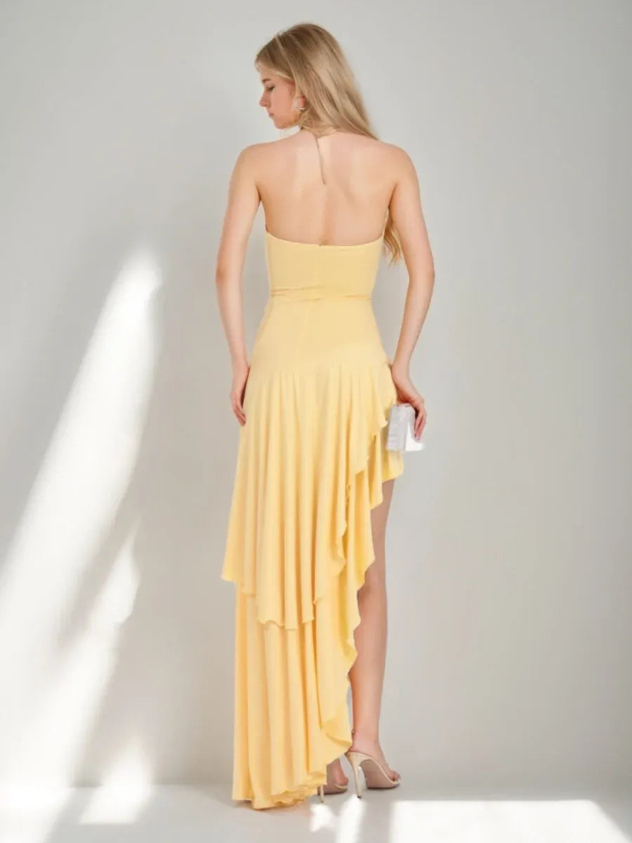 Chic A-Line Straight Neck Sleeveless Open Back High-Low Prom Dress