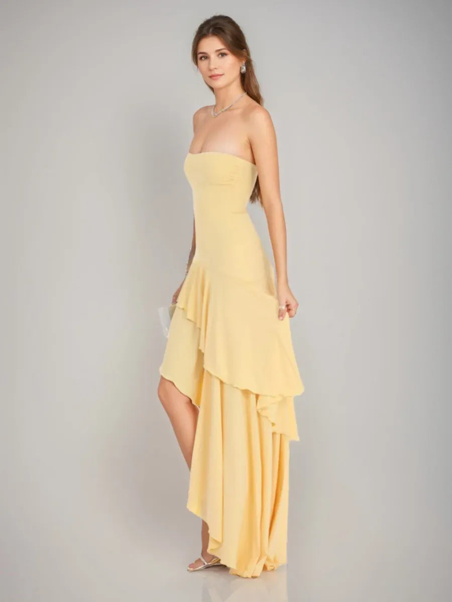 Chic A-Line Straight Neck Sleeveless Open Back High-Low Prom Dress
