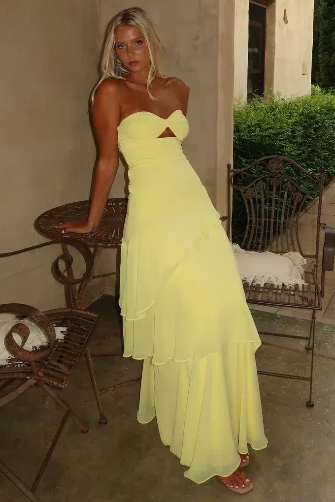 Romantic Chiffon Sheath Sweetheart Strapless Tie Back Maxi Wedding Guest Dress