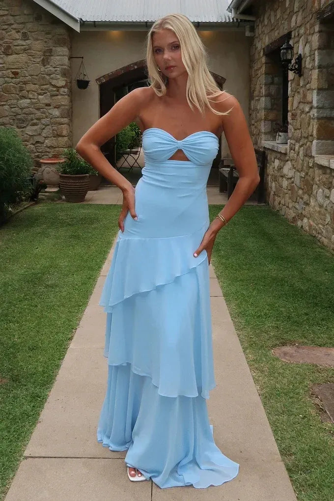 Romantic Chiffon Sheath Sweetheart Strapless Tie Back Maxi Wedding Guest Dress