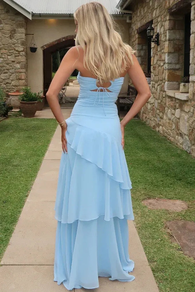 Romantic Chiffon Sheath Sweetheart Strapless Tie Back Maxi Wedding Guest Dress