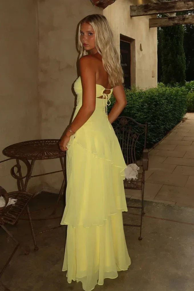 Romantic Chiffon Sheath Sweetheart Strapless Tie Back Maxi Wedding Guest Dress
