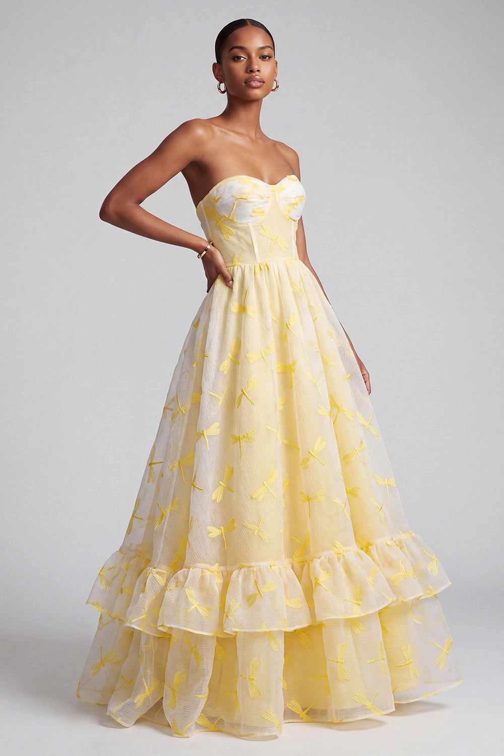Loverlm yellow strapless corset prom dress dragonfly embroidered organza formal gown