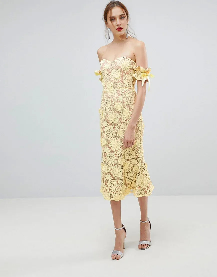 Loverlm pale yellow floral lace wedding guest dress with sweetheart neckline, off-shoulder bow sleeves and fitted midi silhouette front view