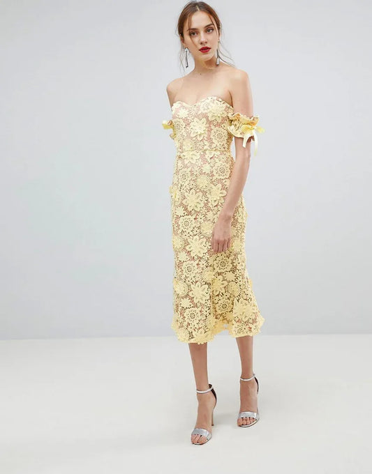 Loverlm pale yellow floral lace wedding guest dress with sweetheart neckline, off-shoulder bow sleeves and fitted midi silhouette front view